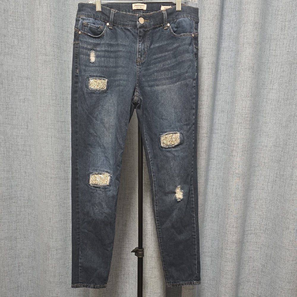 Juicy‎ Couture Dark Blue Distressed Bling Skinny Leg Jeans  Size 12